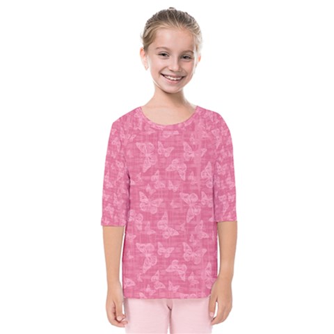 Blush Pink Butterflies Batik Kids  Quarter Sleeve Raglan Tee by SpinnyChairDesigns
