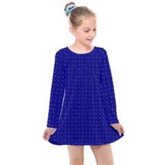 Navy Blue Color Polka Dots Kids  Long Sleeve Dress by SpinnyChairDesigns