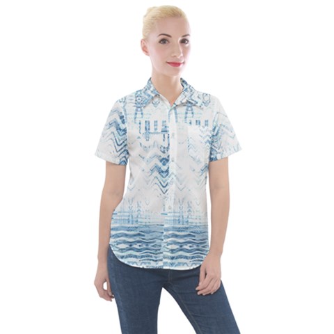 Boho Faded Blue Denim White Batik Women s Short Sleeve Pocket Shirt by SpinnyChairDesigns