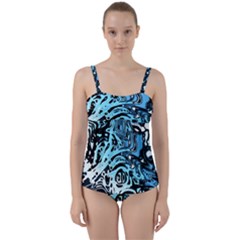 Black Blue White Abstract Art Twist Front Tankini Set by SpinnyChairDesigns