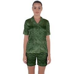 Boho Fern Green Pattern Satin Short Sleeve Pyjamas Set by SpinnyChairDesigns
