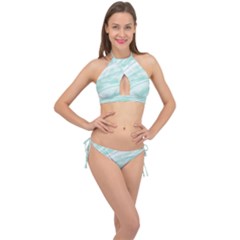 Biscay Green White Feathered Swoosh Cross Front Halter Bikini Set by SpinnyChairDesigns
