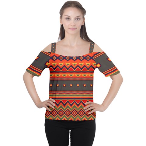 Boho Orange Tribal Pattern Cutout Shoulder Tee by SpinnyChairDesigns