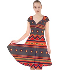 Boho Orange Tribal Pattern Cap Sleeve Front Wrap Midi Dress by SpinnyChairDesigns