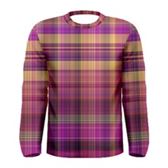 Magenta Gold Madras Plaid Men s Long Sleeve Tee by SpinnyChairDesigns