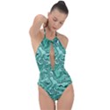 Biscay Green Swirls Plunge Cut Halter Swimsuit View1