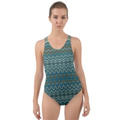 Boho Teal Green Stripes Cut-out Back One Piece Swimsuit by SpinnyChairDesigns