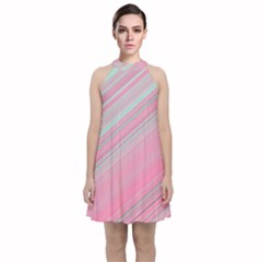 Turquoise And Pink Striped Velvet Halter Neckline Dress  by SpinnyChairDesigns