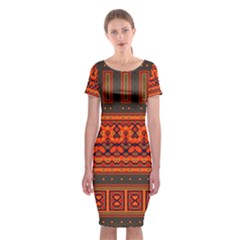 Boho Aztec Rust Orange Color Stripes Classic Short Sleeve Midi Dress by SpinnyChairDesigns