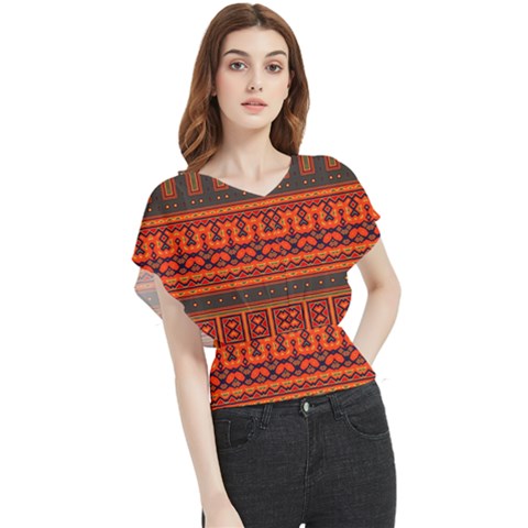 Boho Aztec Rust Orange Color Stripes Butterfly Chiffon Blouse by SpinnyChairDesigns