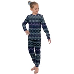 Boho Navy Teal Violet Stripes Kids  Long Sleeve Set  by SpinnyChairDesigns
