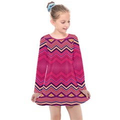 Boho Aztec Stripes Rose Pink Kids  Long Sleeve Dress by SpinnyChairDesigns