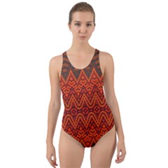 Boho Rust Orange Brown Pattern Cut-out Back One Piece Swimsuit by SpinnyChairDesigns