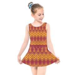 Boho Red Gold Pattern Kids  Skater Dress Swimsuit by SpinnyChairDesigns