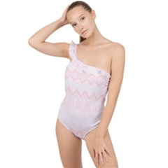 Boho Pastel Pink Pattern Frilly One Shoulder Swimsuit by SpinnyChairDesigns