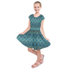Boho Teal Blue Pattern Kids  Short Sleeve Dress by SpinnyChairDesigns