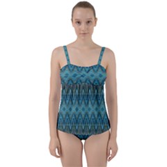 Boho Teal Blue Pattern Twist Front Tankini Set by SpinnyChairDesigns
