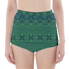 Boho Emerald Green And Blue  High-waisted Bikini Bottoms by SpinnyChairDesigns