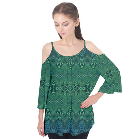 Boho Emerald Green And Blue  Flutter Tees by SpinnyChairDesigns