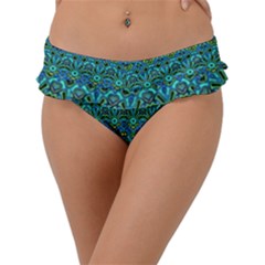 Boho Teal Green Blue Pattern Frill Bikini Bottom by SpinnyChairDesigns