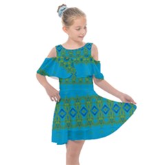 Boho Blue Green Pattern Kids  Shoulder Cutout Chiffon Dress by SpinnyChairDesigns