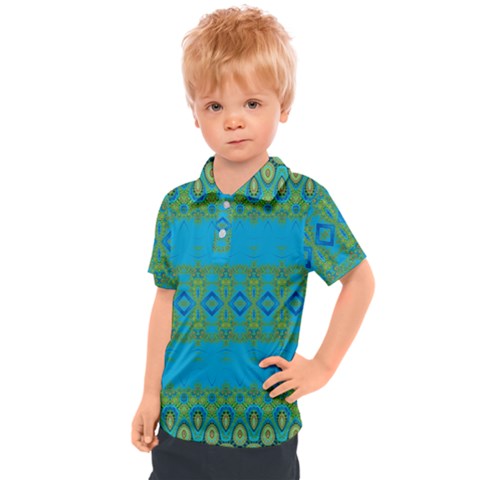 Boho Blue Green Pattern Kids  Polo Tee by SpinnyChairDesigns