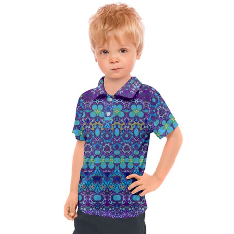 Boho Purple Blue Teal Floral Kids  Polo Tee by SpinnyChairDesigns