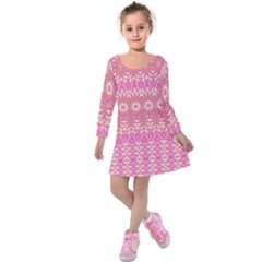 Boho Pink Floral Pattern Kids  Long Sleeve Velvet Dress by SpinnyChairDesigns