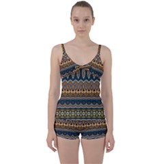 Boho Brown Blue Tie Front Two Piece Tankini by SpinnyChairDesigns