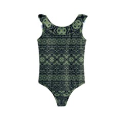 Boho Sage Green Black Kids  Frill Swimsuit by SpinnyChairDesigns