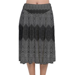 Boho Black Grey Pattern Velvet Flared Midi Skirt by SpinnyChairDesigns