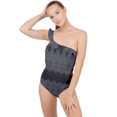Boho Black Grey Pattern Frilly One Shoulder Swimsuit by SpinnyChairDesigns