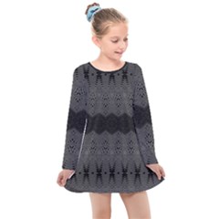 Boho Black Grey Pattern Kids  Long Sleeve Dress by SpinnyChairDesigns