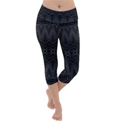 Boho Black And Silver Lightweight Velour Capri Yoga Leggings by SpinnyChairDesigns