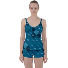 Teal Blue Stripes And Checks Tie Front Two Piece Tankini by SpinnyChairDesigns