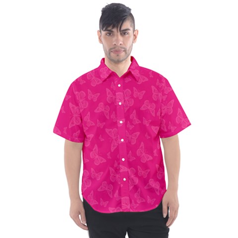 Magenta Pink Butterflies Pattern Men s Short Sleeve Shirt by SpinnyChairDesigns