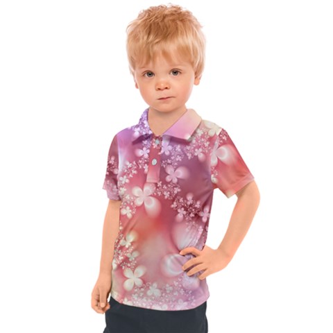 Boho Pastel Pink Floral Print Kids  Polo Tee by SpinnyChairDesigns