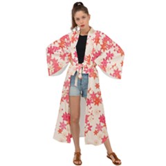 Vermilion And Coral Floral Print Maxi Kimono by SpinnyChairDesigns