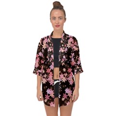 Pink Lilies On Black Open Front Chiffon Kimono by SpinnyChairDesigns