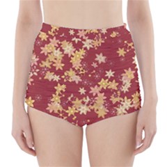 Gold And Tuscan Red Floral Print High-waisted Bikini Bottoms by SpinnyChairDesigns