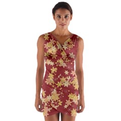 Gold And Tuscan Red Floral Print Wrap Front Bodycon Dress by SpinnyChairDesigns