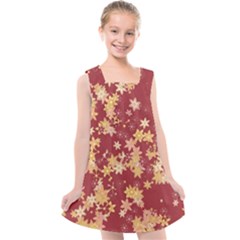 Gold And Tuscan Red Floral Print Kids  Cross Back Dress by SpinnyChairDesigns