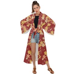 Gold And Tuscan Red Floral Print Maxi Kimono by SpinnyChairDesigns
