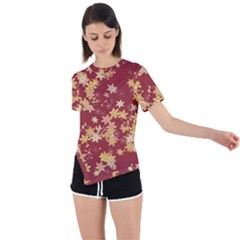 Gold And Tuscan Red Floral Print Asymmetrical Short Sleeve Sports Tee by SpinnyChairDesigns