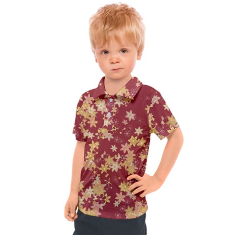 Gold And Tuscan Red Floral Print Kids  Polo Tee by SpinnyChairDesigns
