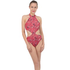 Red Wildflower Floral Print Halter Side Cut Swimsuit by SpinnyChairDesigns