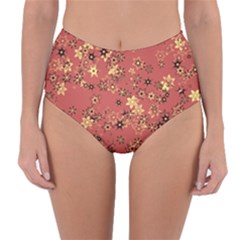 Gold And Rust Floral Print Reversible High-waist Bikini Bottoms