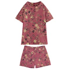Gold And Rust Floral Print Kids  Swim Tee And Shorts Set by SpinnyChairDesigns