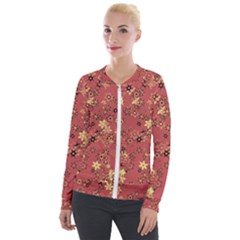Gold And Rust Floral Print Velour Zip Up Jacket by SpinnyChairDesigns