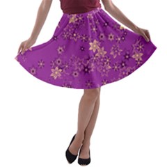 Gold Purple Floral Print A-line Skater Skirt by SpinnyChairDesigns